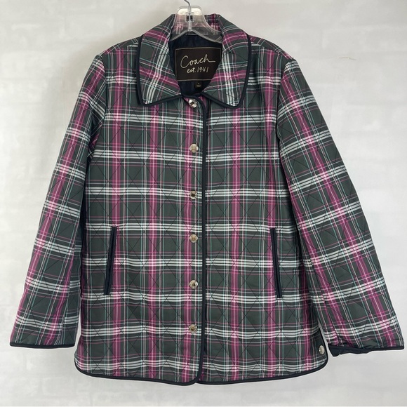 Coach Plaid Quilted Button Front Jacket Medium Pink Green Black Check - Picture 1 of 16